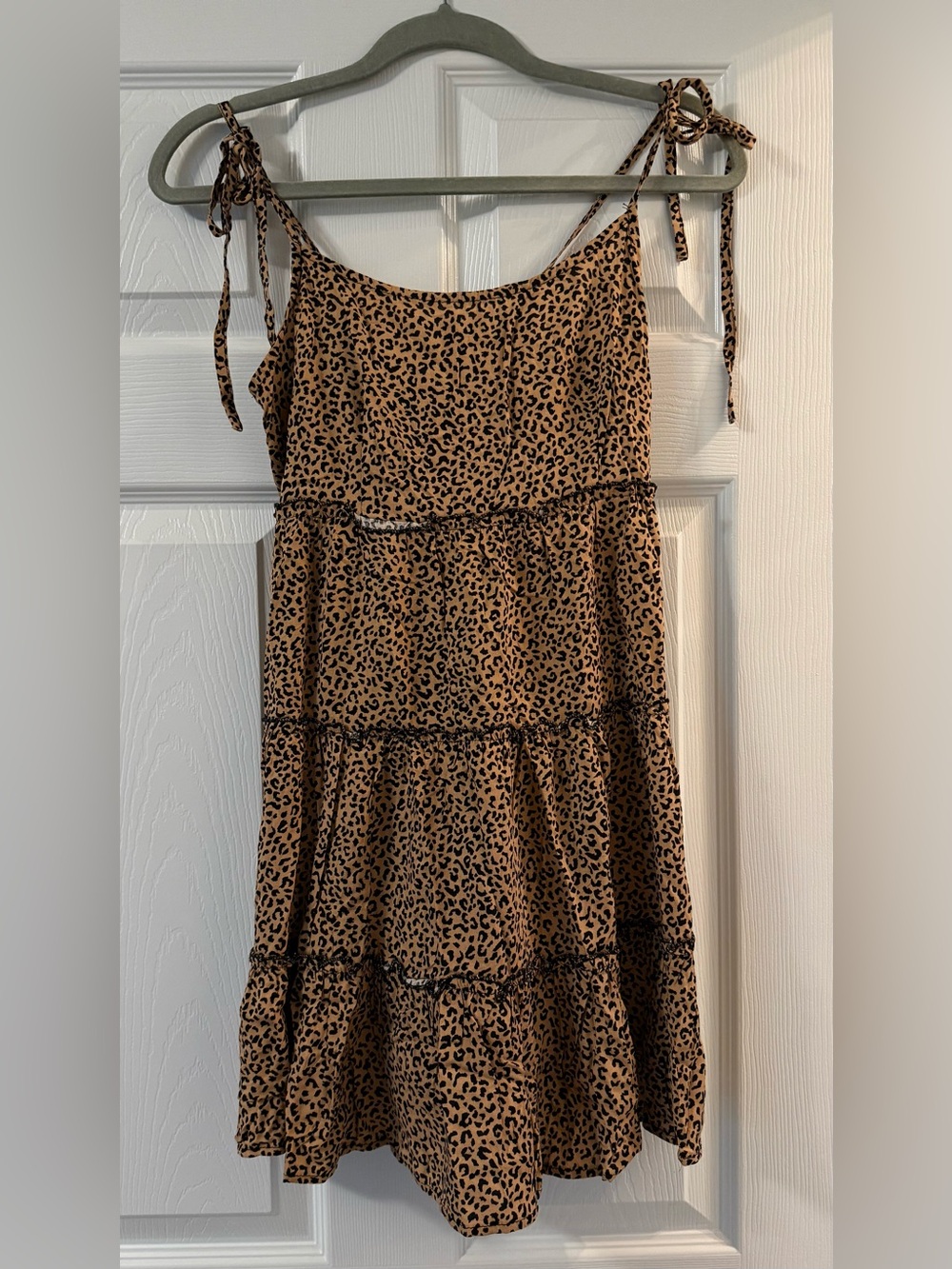 SHEIN Tan and Black Leopard Tiered Tie-Shoulder Midi Dress with Ruffle Hem